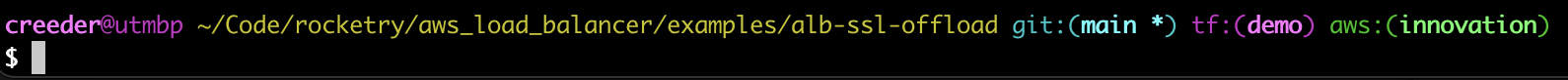 Shell prompt showing user and host, the working directory, then the Git branch &ldquo;git:(main *)&rdquo;, the Terraform workspace &ldquo;tf:(demo)&rdquo;, and the AWS profile &ldquo;aws:(innovation)&rdquo;